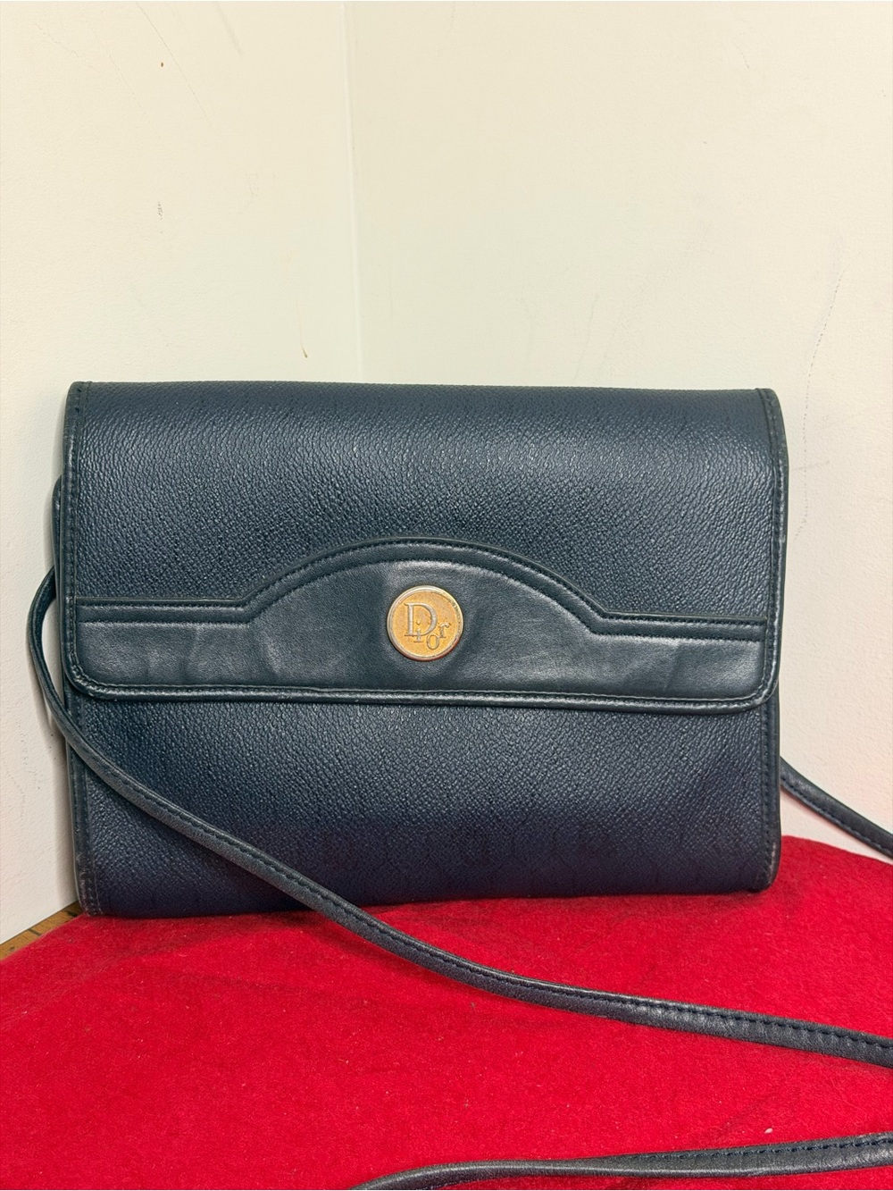 Vintage Dior Black Leather Crossbody with Gold Logo Medallion